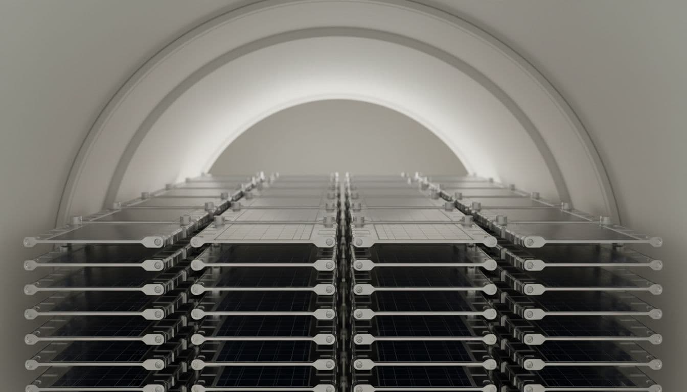 Flat-packed Starlink satellite stack inside a payload fairing, photoreal render