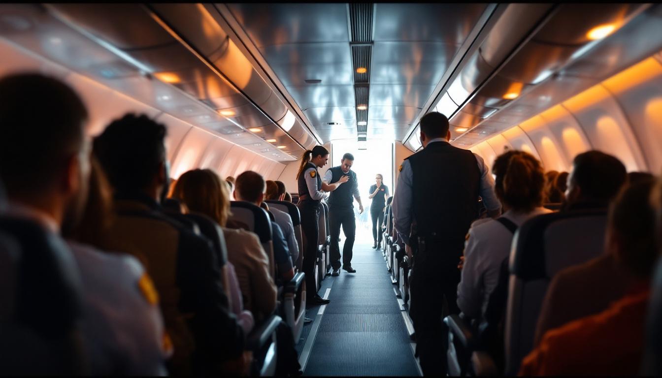 Flight attendants quickly moving down a commercial aircraft aisle, some passengers appearing alarmed, a man being restrained in the back, tense in-flight emergency.