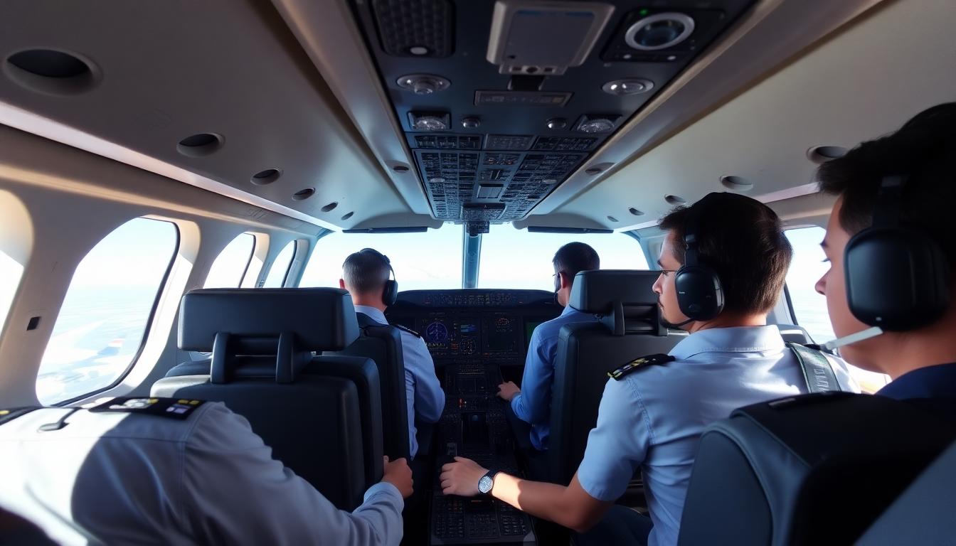 United Airlines Flight Declares 'Mayday' After Engine Failure: Passengers Safe After Dramatic Emergency 2 Flight crew in cockpit calmly following emergency protocols during mayday