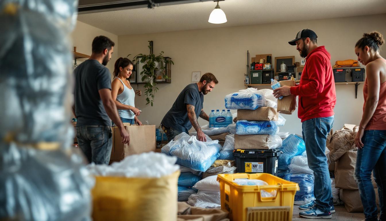 Group of people in Florida preparing hurricane supplies, stacking water, sandbags, and batteries in a home garage, alert but calm mood