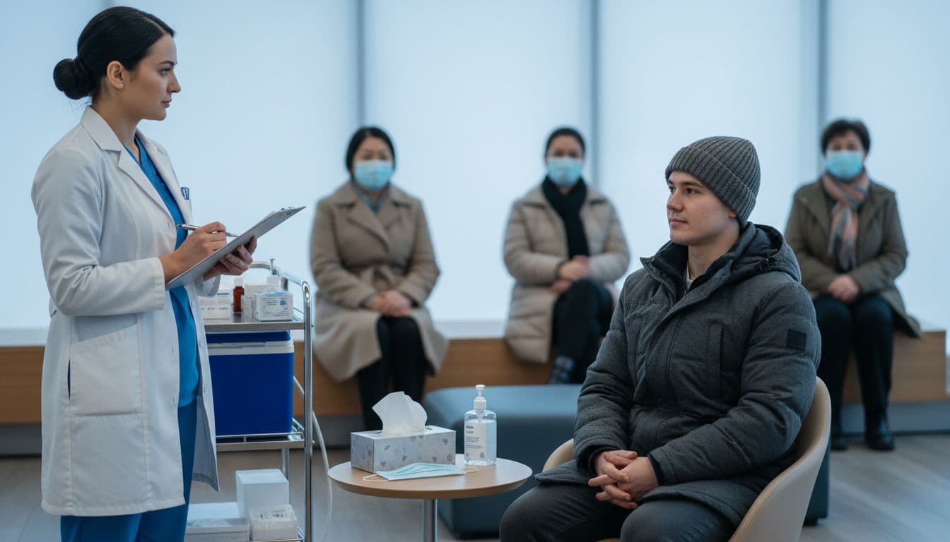 Clinic scene during flu season with vaccination station and waiting room