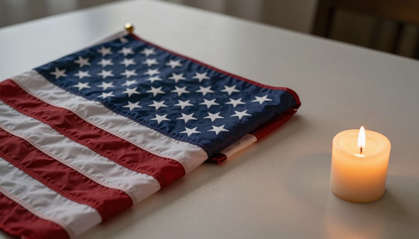 Folded American flag beside a lit candle in a memorial setting