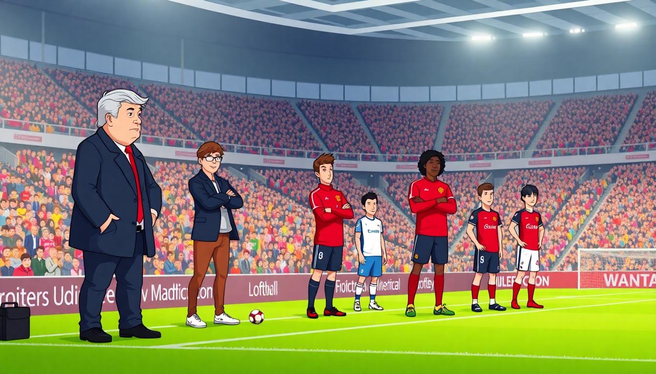 Animated football managers from Manchester United and Leeds United near the touchline, giving instructions, young subs warming up, stadium stands full, professional football environment.