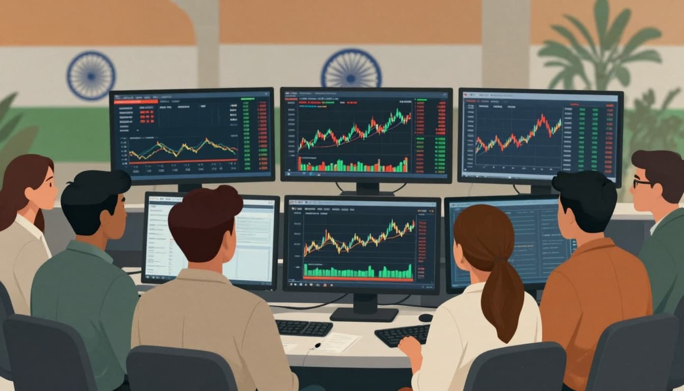 Indian Rupee Undervaluation: Why Global Funds Are Paying Attention 3 Investors watching trading screens showing Indian stock indices