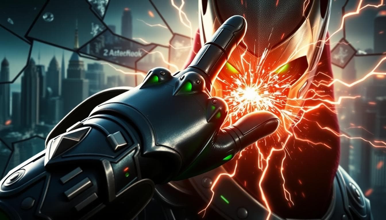 Avengers: Doomsday — Reported Villains and What Their Roles Could Be 2 Close-up of a formidable metallic mask and gauntlet reaching toward multiverse energy