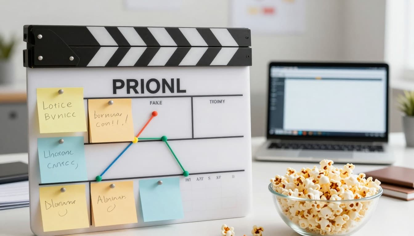 Franchise film planning board with notes, calendar, and connecting strings