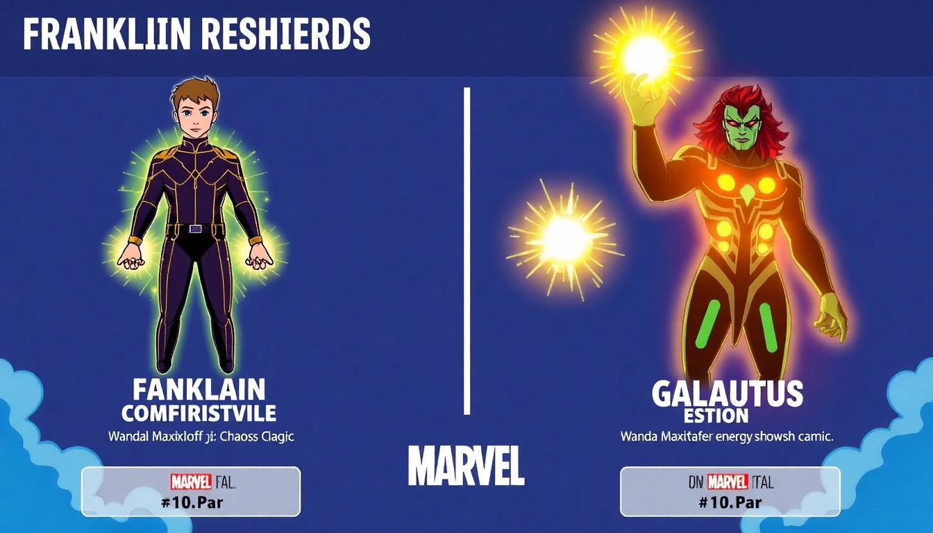 Marvel’s Fantastic Four: Franklin Richards, Death, and a New Multiverse Theory 3 Infographic: Franklin Richards’ powers compared to Wanda Maximoff’s Chaos Magic and Galactus’ Power Cosmic, glowing energy icons, MCU branding, clear labels