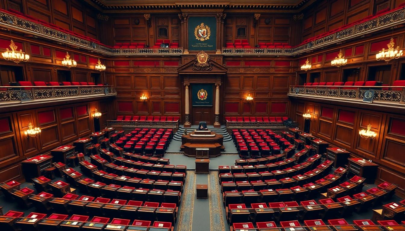 Empty seats inside the French National Assembly chamber