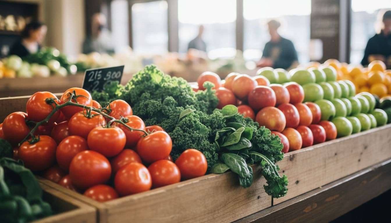 Fresh produce display with tomatoes, greens, and apples