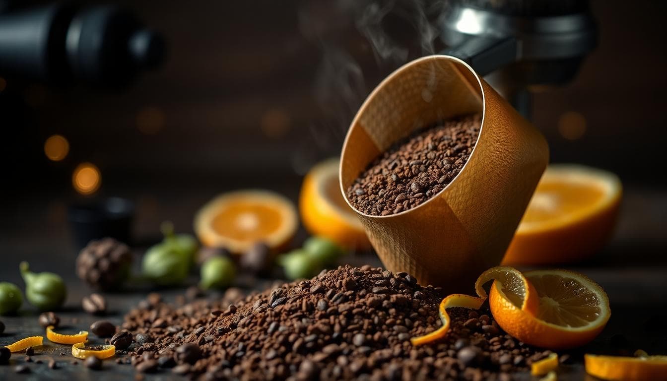 Happy Coffee x BERO: Robert Downey Jr. and Tom Holland Team Up for Coffee and Non-Alc Beer 2 Close-up of coffee grounds with hops and citrus accents