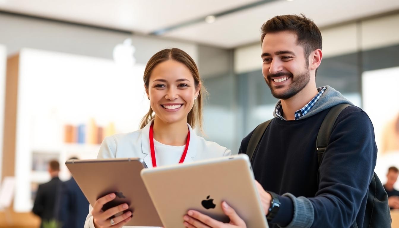 Image: A friendly Apple Store specialist smiling while helping a customer with an iPad, showcasing helpful and reliable support in a modern store.