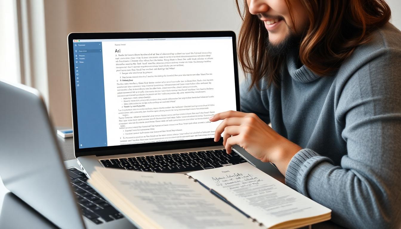 Blogger editing an AI-generated draft on a laptop, notepad with handwritten comments for a human touch.