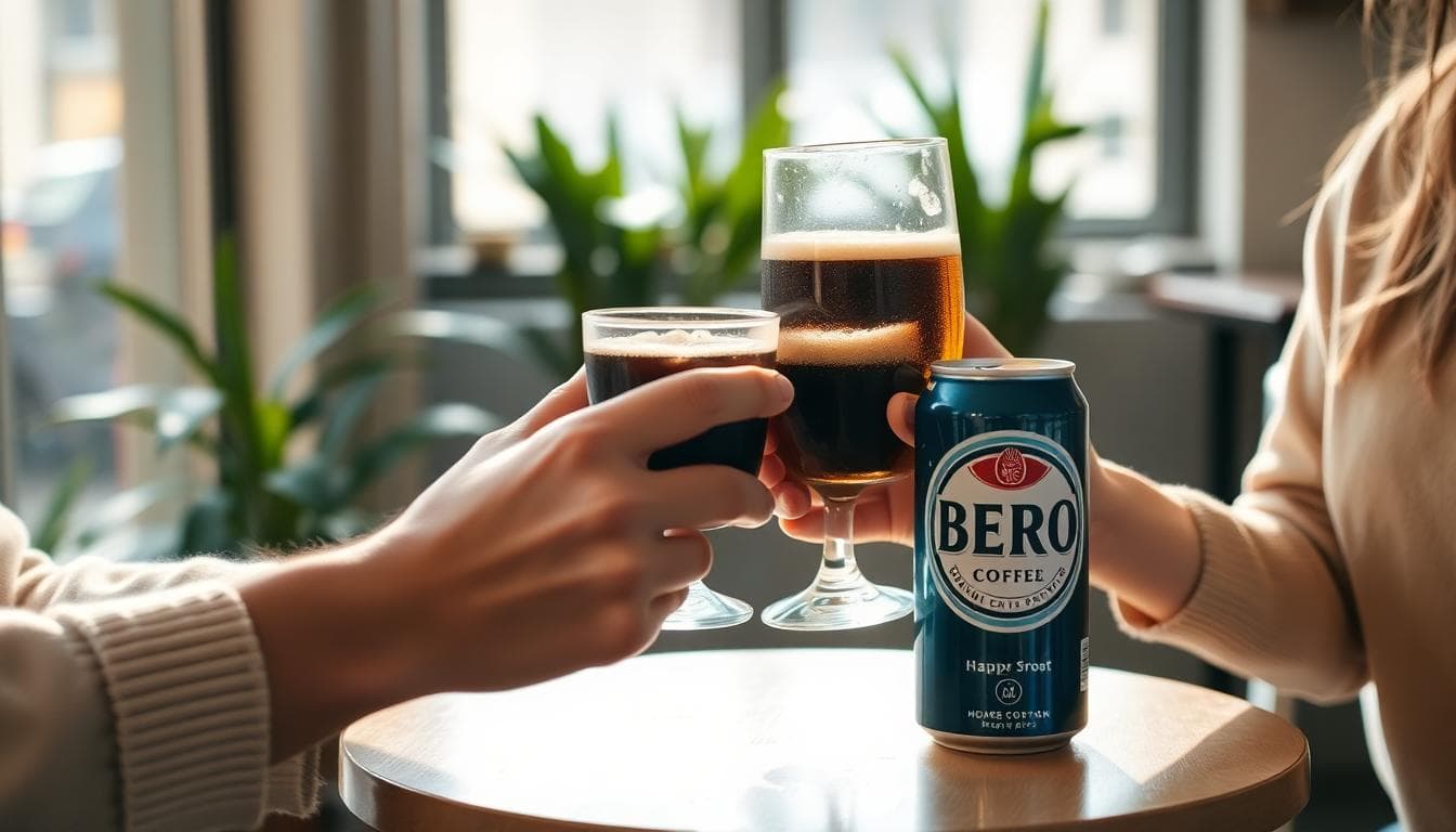 Happy Coffee x BERO: Robert Downey Jr. and Tom Holland Team Up for Coffee and Non-Alc Beer 4 Friends clinking a coffee mug and a non-alcoholic stout in a cafe