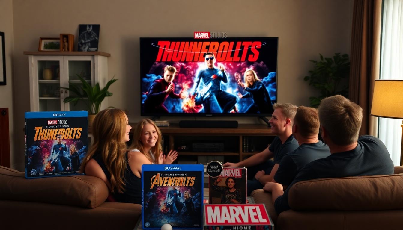 Marvel Studios’ Thunderbolts: Now on Digital, 4K UHD, Blu-ray, and DVD 3 Group watching Thunderbolts at home, Blu-ray case on coffee table