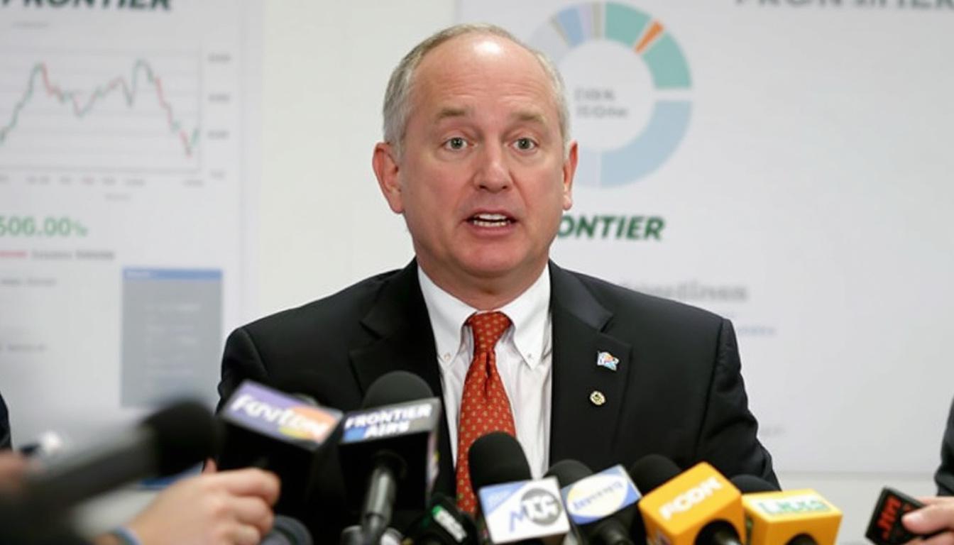 Close-up of Frontier Airlines CEO speaking at a press conference, concerned expression, airline branding visible, reporters with microphones