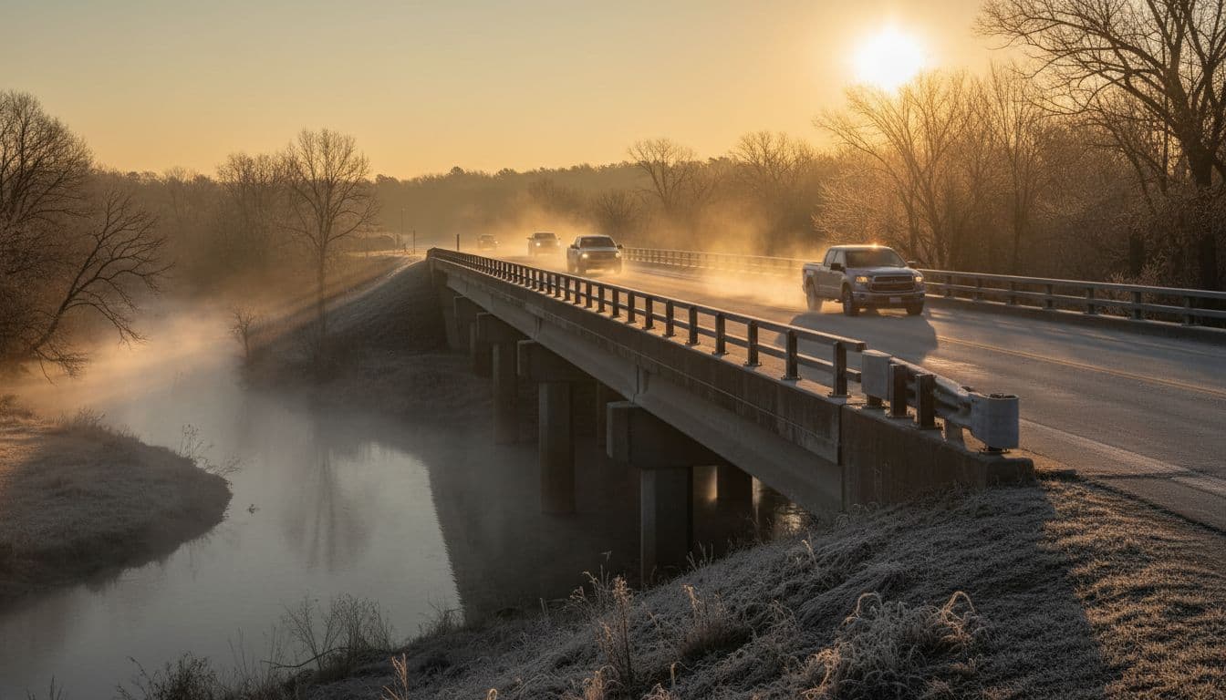 Frosty bridge at sunrise with light traffic and mist over a creek