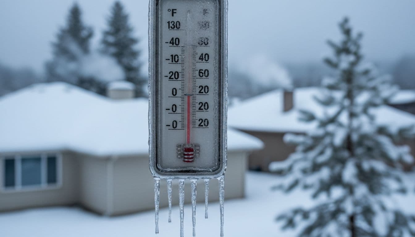 Outdoor thermometer showing subzero temperature with frost and icicles