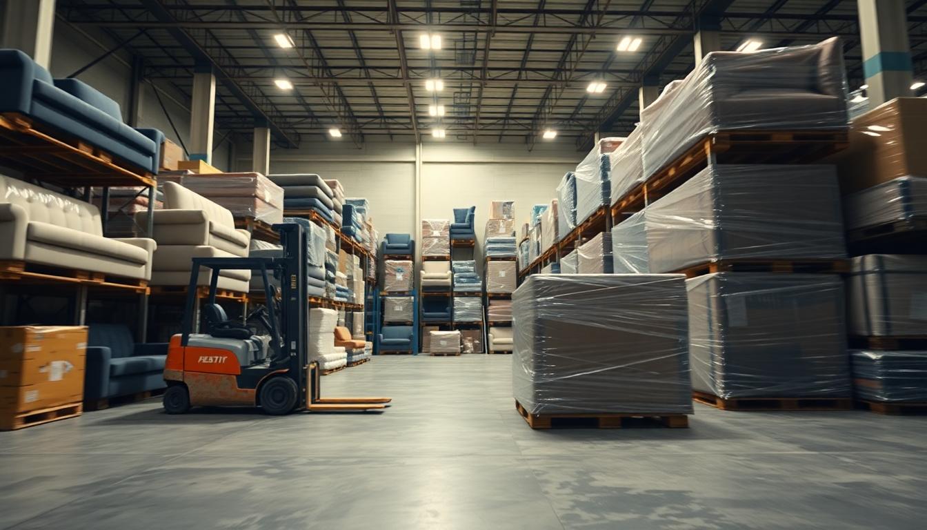 Furniture warehouse with forklift moving pallets