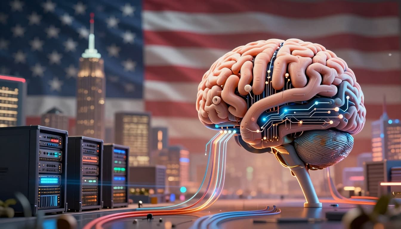 AI data center racks with glowing green lights pointing toward map of Asia