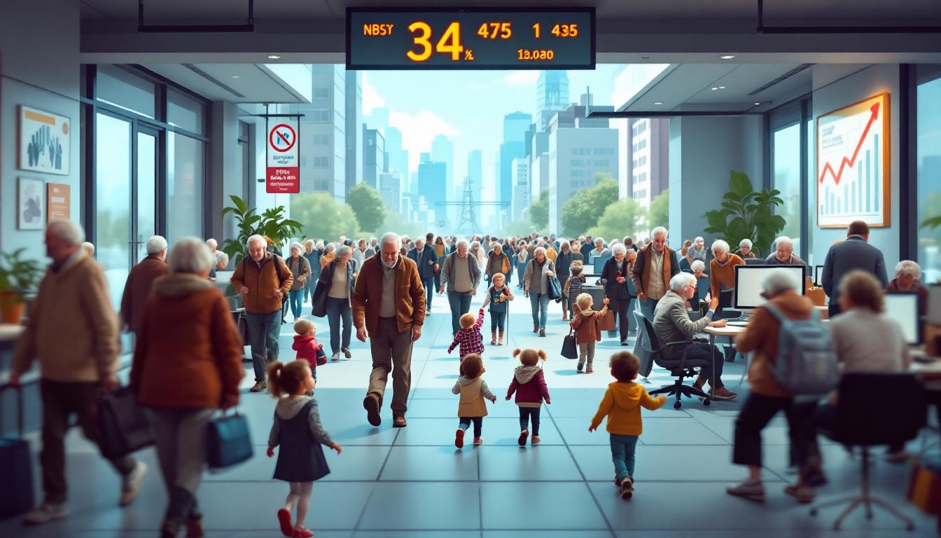 The Nearing Crisis of Demographics: Humanity at a Crossroads 2 Inside Image 1: A bustling future city scene with mostly elderly people walking, exercising, and working at computers, alongside a smaller group of children and young adults, under a digital sign showing declining birth rates.
