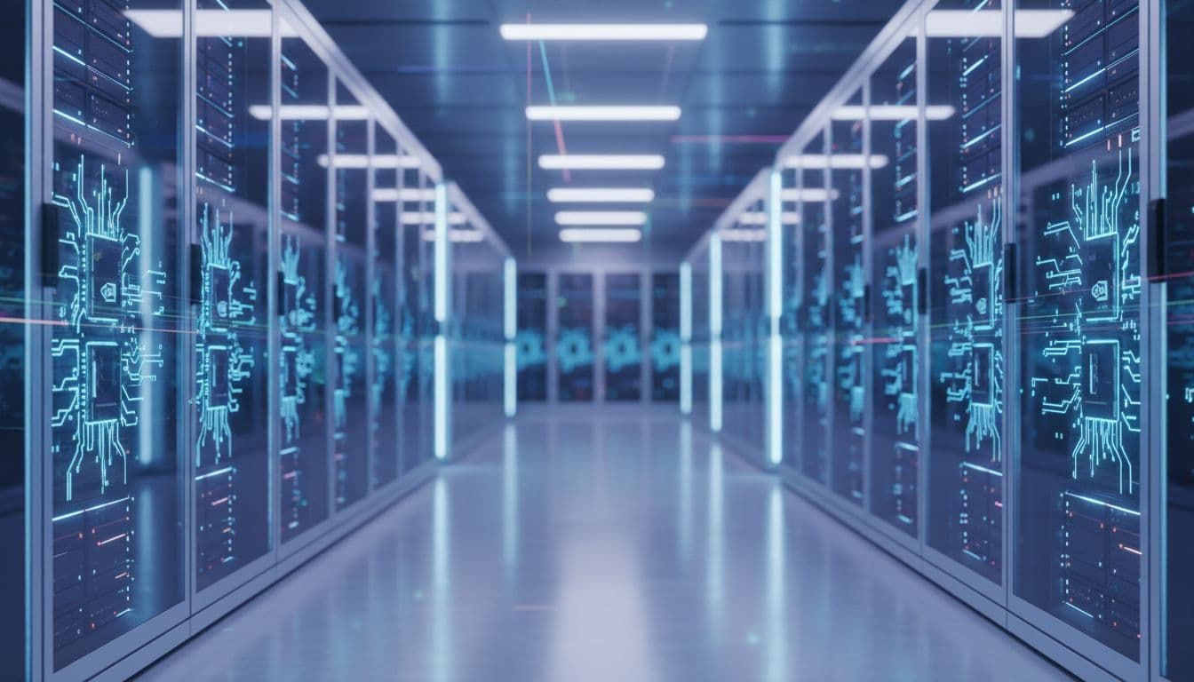 AI data center with glowing servers and cables