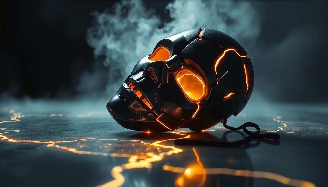 Avengers: Secret Wars Rumors Explained — X-Men, Illuminati, and Multiverse Updates 4 Futuristic fractured mask with glowing cracks on reflective ground