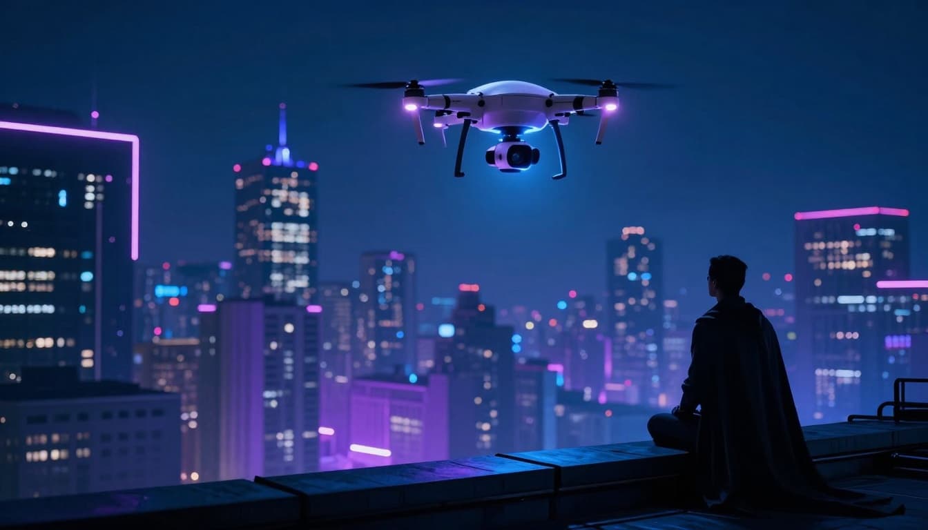 Futuristic city skyline at night with a hero silhouette on a rooftop