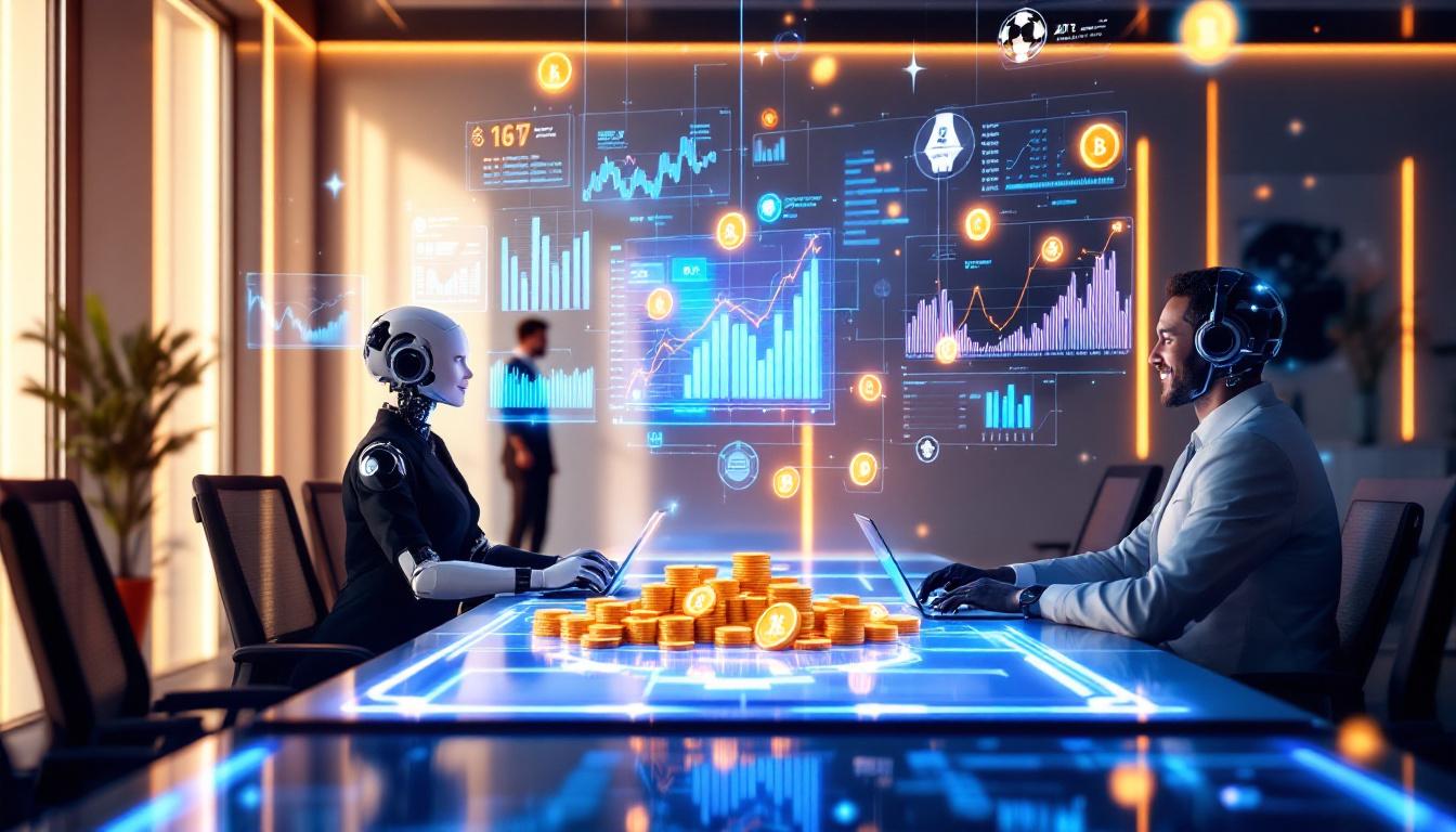 A futuristic office with digital AI assistants managing crypto portfolios, holographic charts and coins above sleek desks.