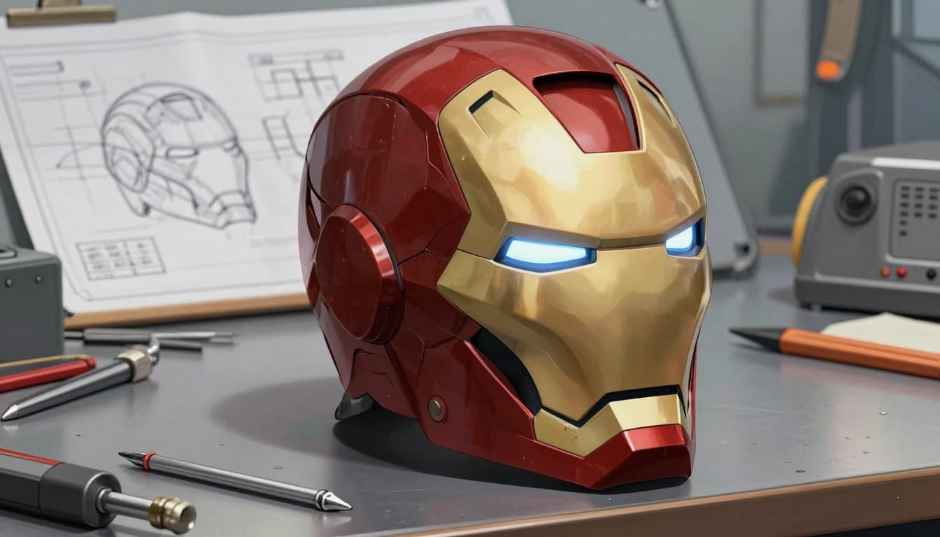Comic-style armored helmet on a workbench with blueprints, suggesting superhero production and character design