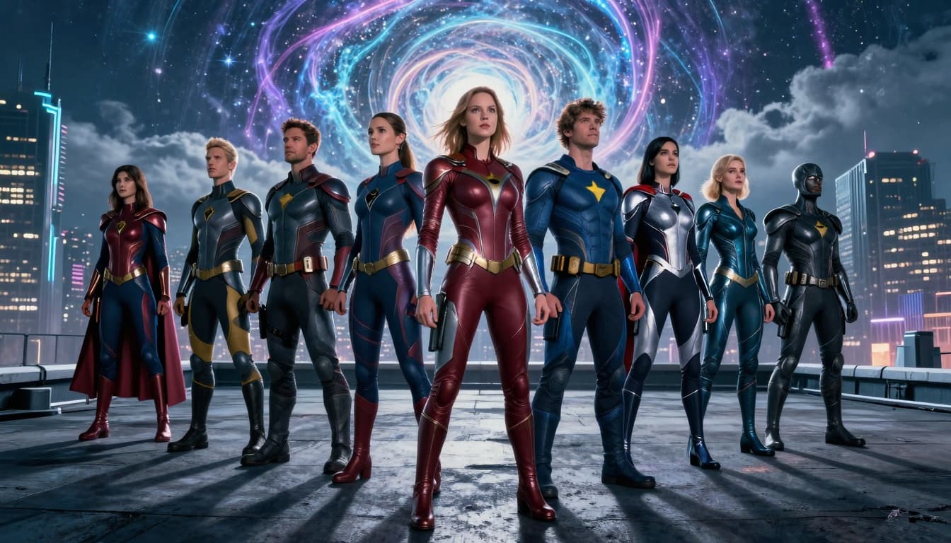 Futuristic superhero team assembled on a rooftop overlooking a neon city and cosmic portal