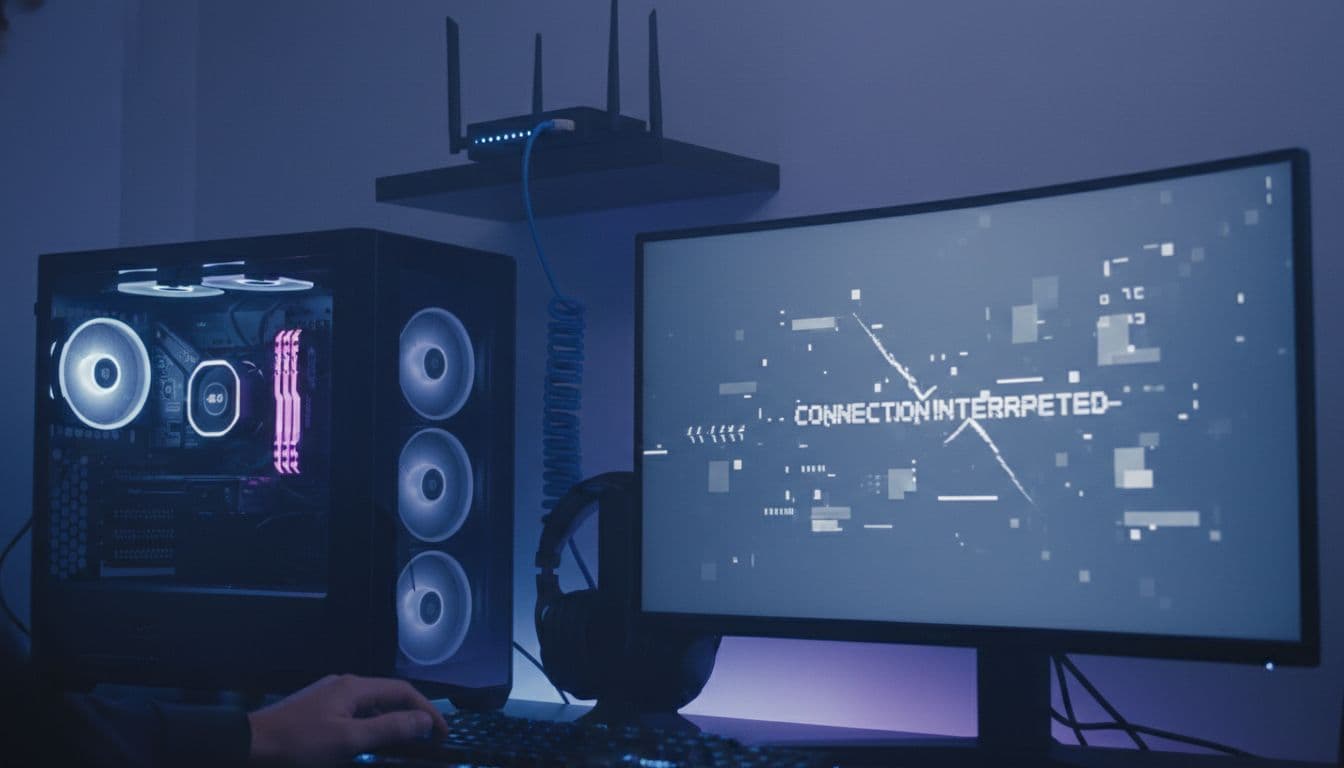 Gaming PC setup showing a generic connection error