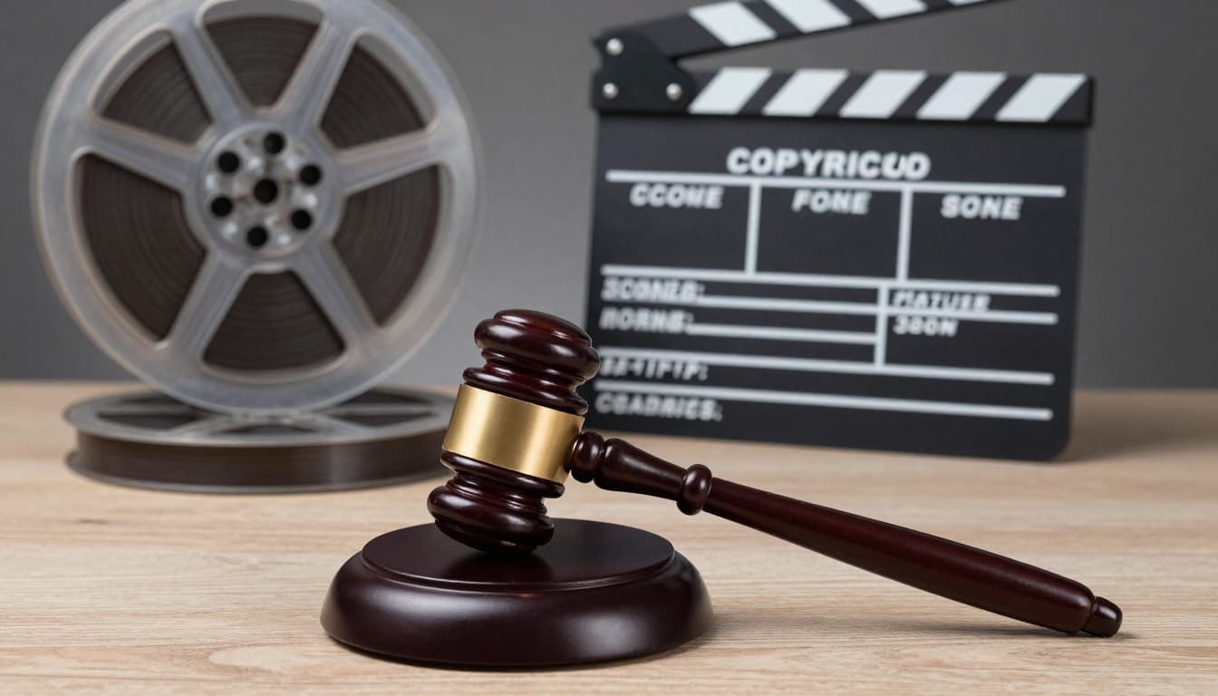 Gavel beside film reels and a clapperboard symbolizing copyright enforcement