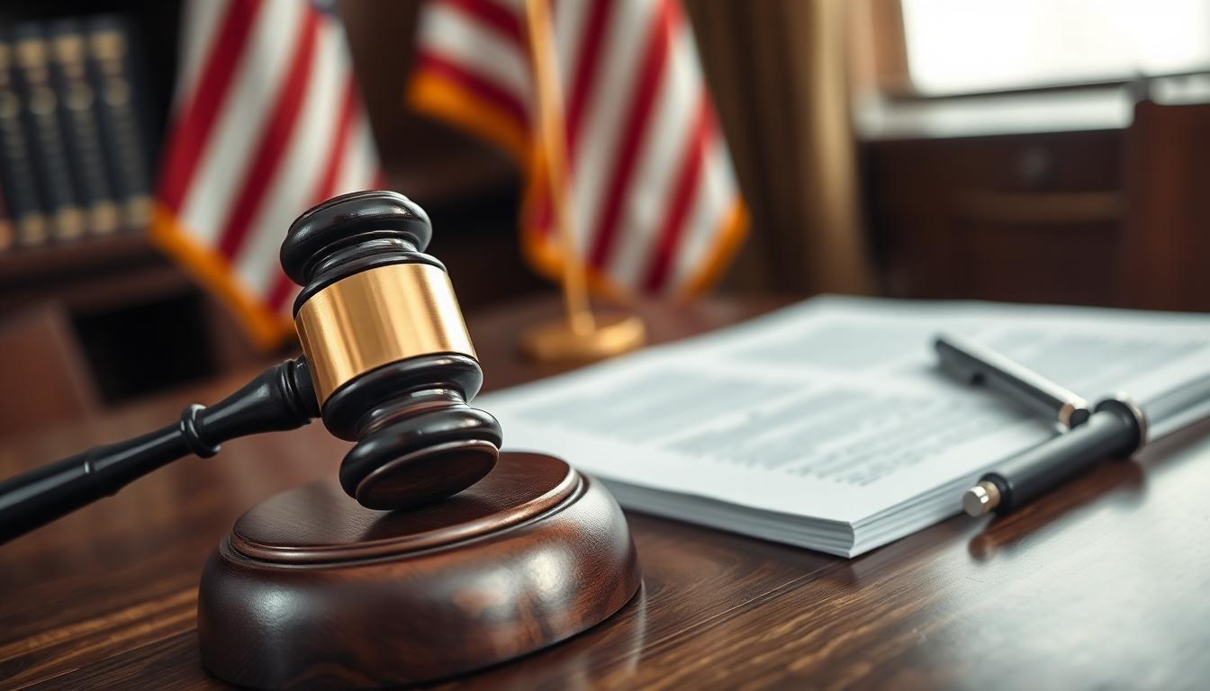 Close-up of a gavel, small U.S. flag, and legislative papers on a desk