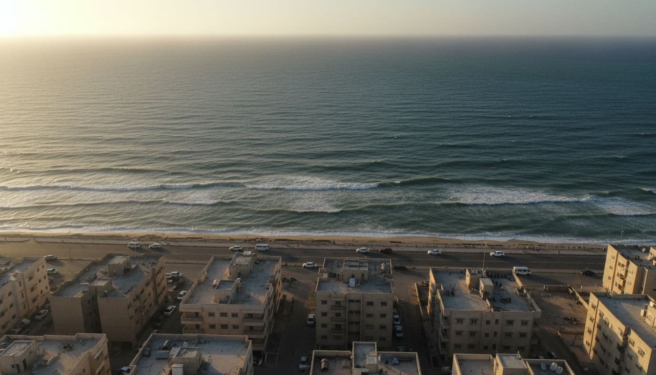 Aerial view of Gaza’s coastline at golden hour, calm sea