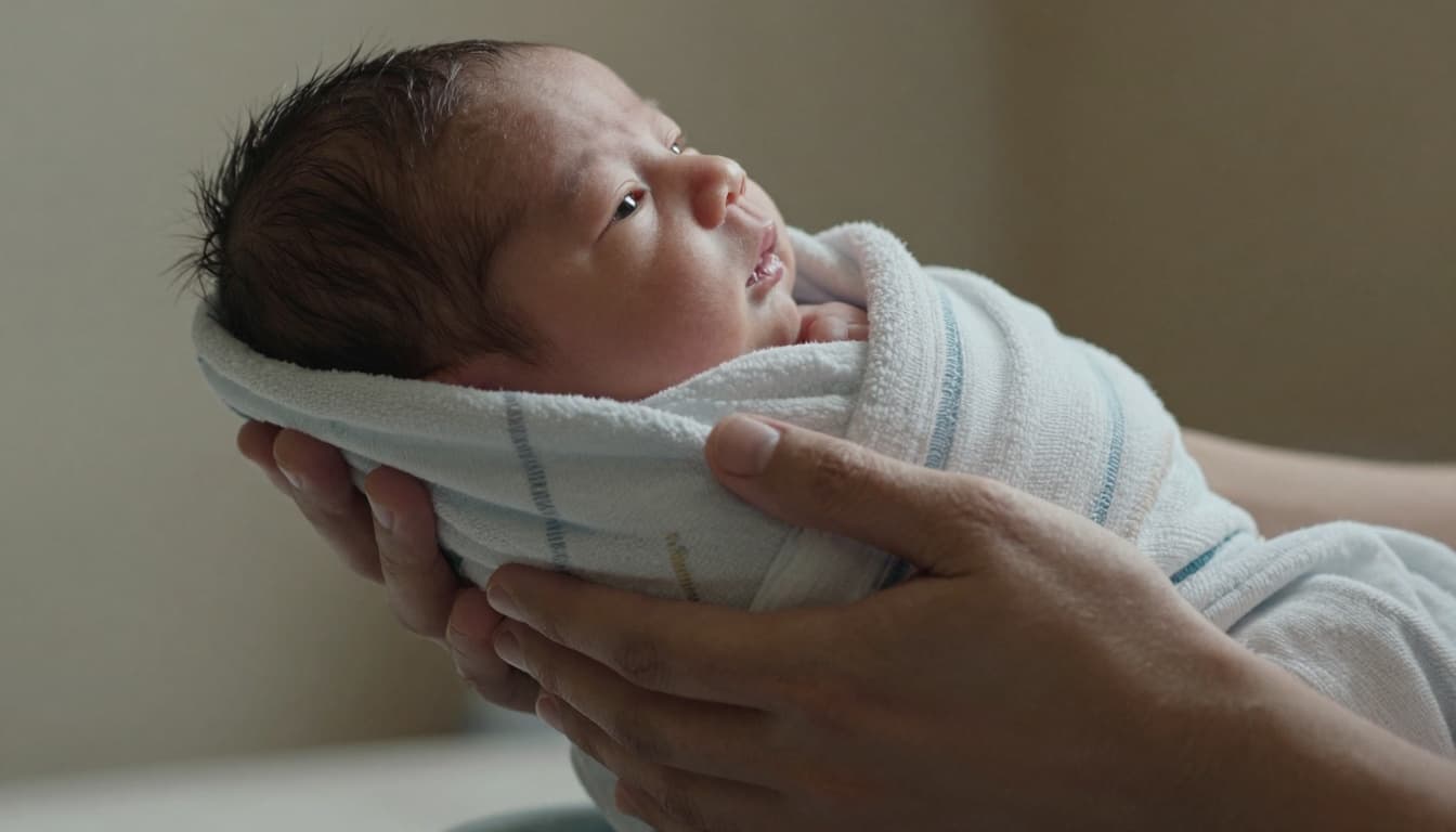Close-up of adult hands gently holding a newborn wrapped in a soft blanket