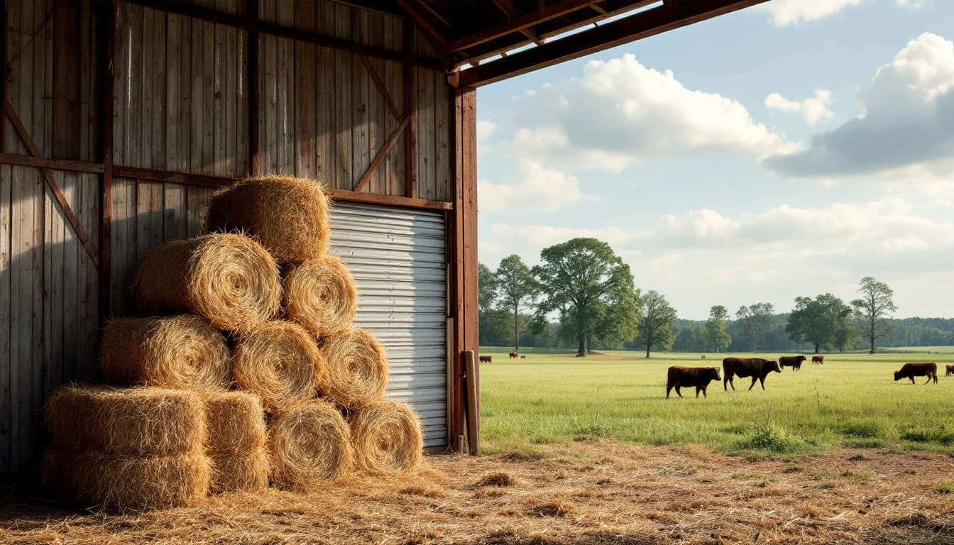 USDA Approves $531 Million to Help Georgia Farmers Recover From Hurricane Helene 4 Hay bales stacked beside a rebuilt barn on a Georgia cattle farm