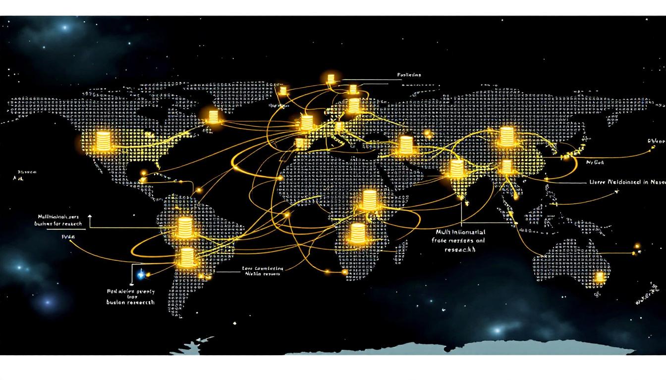 A global data center network powered by Nvidia, with glowing AI server stacks stretching across the world map. Multinational users are plugged into the network, showing worldwide impact.