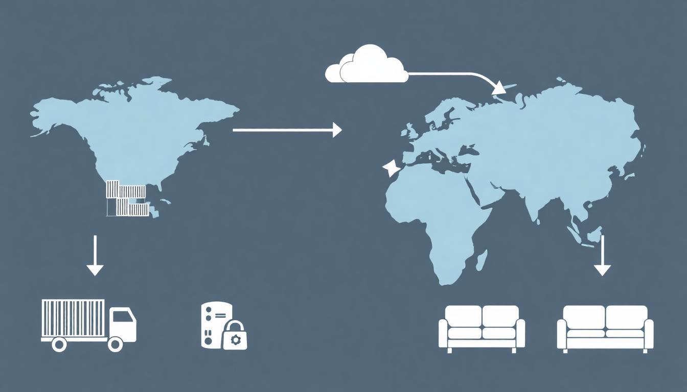Infographic showing furniture supply chain from factory to port to retail