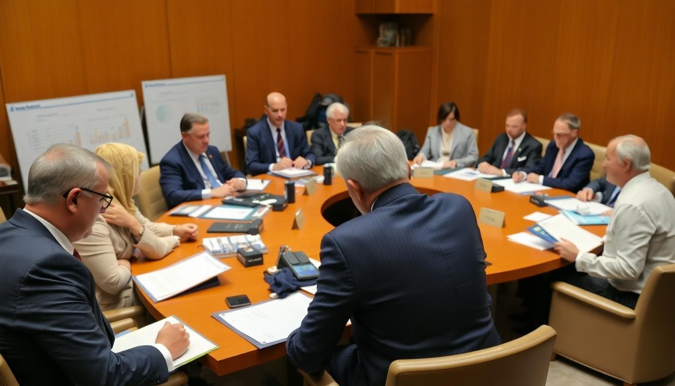 Global policymakers, diplomats, and analysts in formal discussion with charts and documents