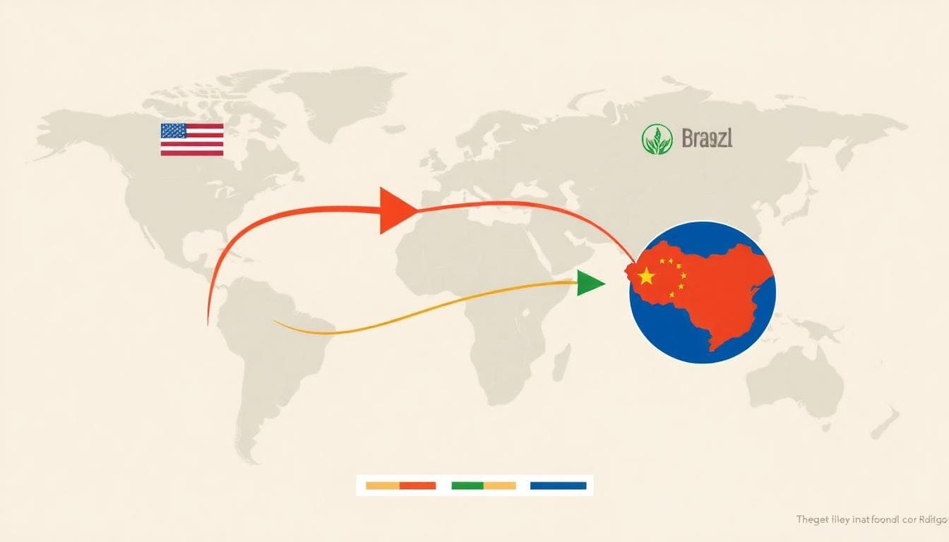 Infographic map showing soybean trade flows from the US and Brazil to China