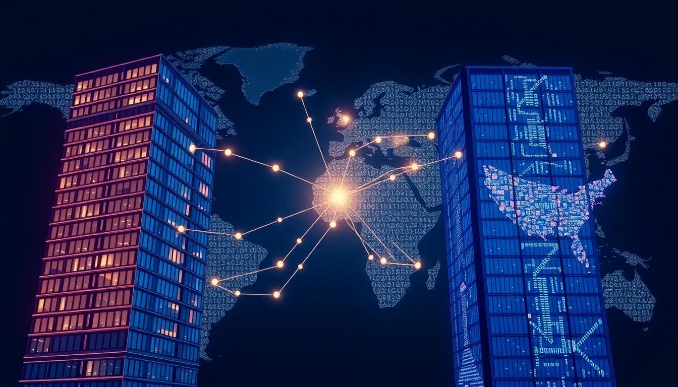 Two modern skyscrapers facing each other with circuit patterns and a world map in the background
