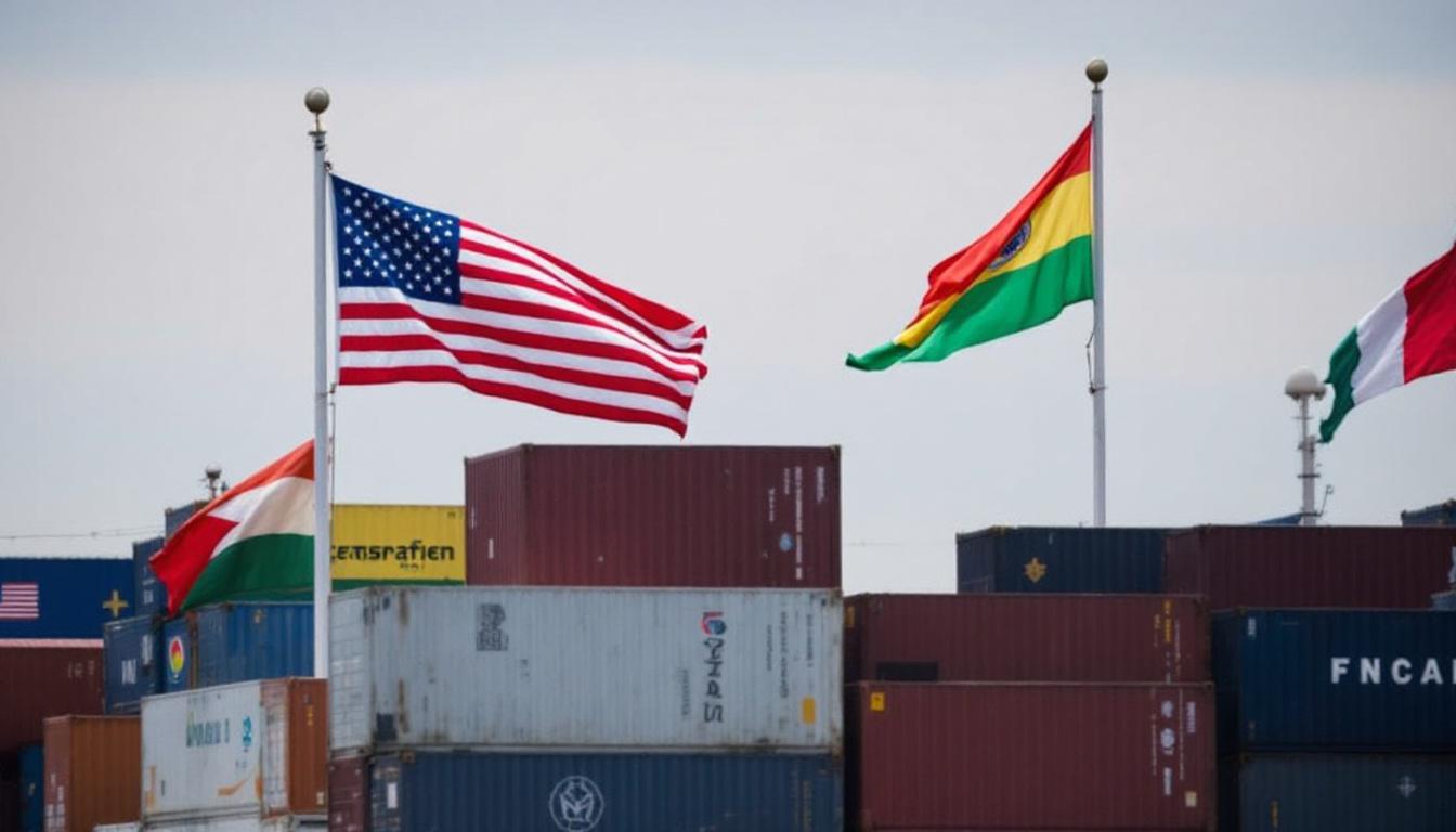 International container port with US and global flags, trade slowed by tariffs