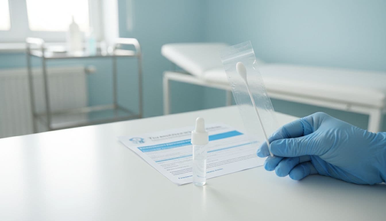Gloved hand holding a flu test swab kit on a clinic countertop