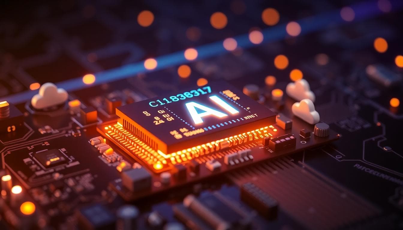 Glowing AI chip on a circuit board symbolizing advanced AI hardware and cloud computing