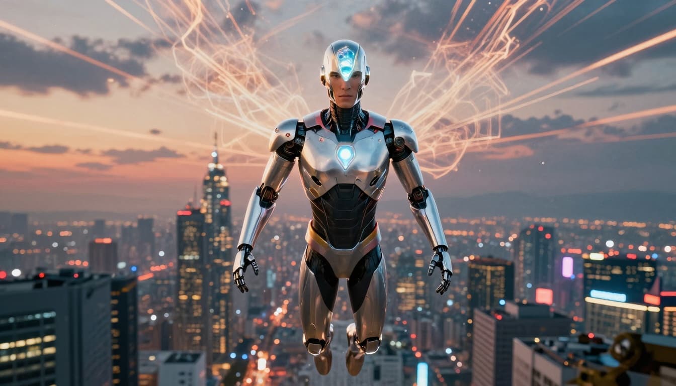 Android-like superhero with glowing crystal in its forehead floating above a futuristic city