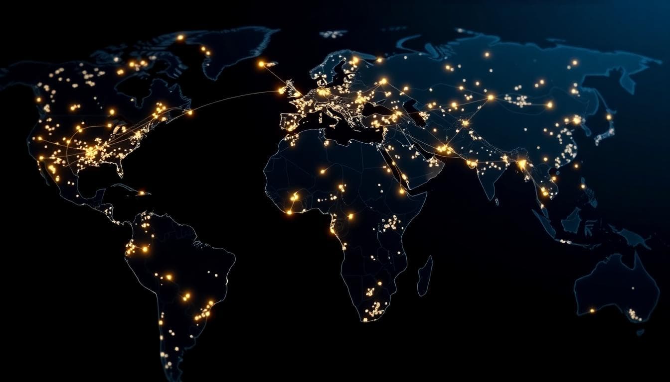 Global financial network concept with glowing connections on a world map