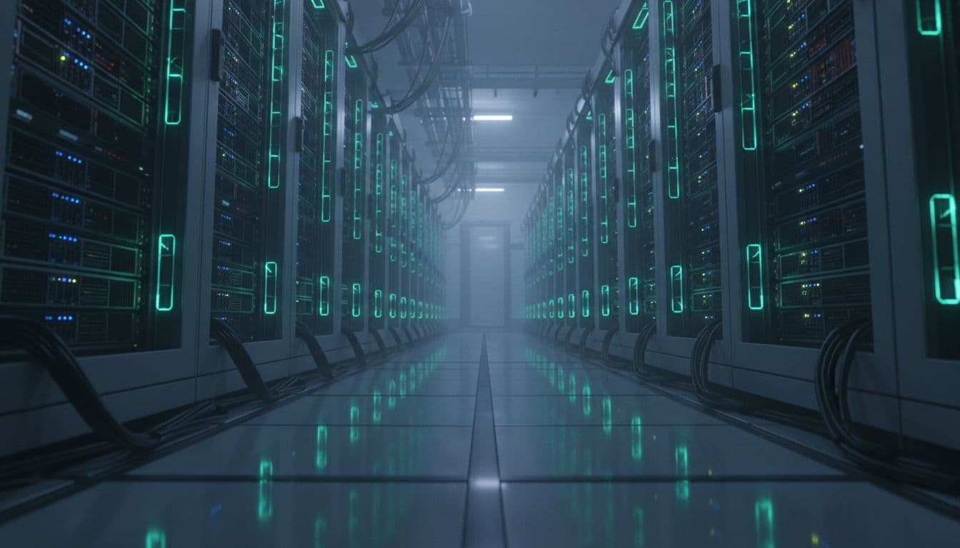 High-performance GPU data center with glowing racks