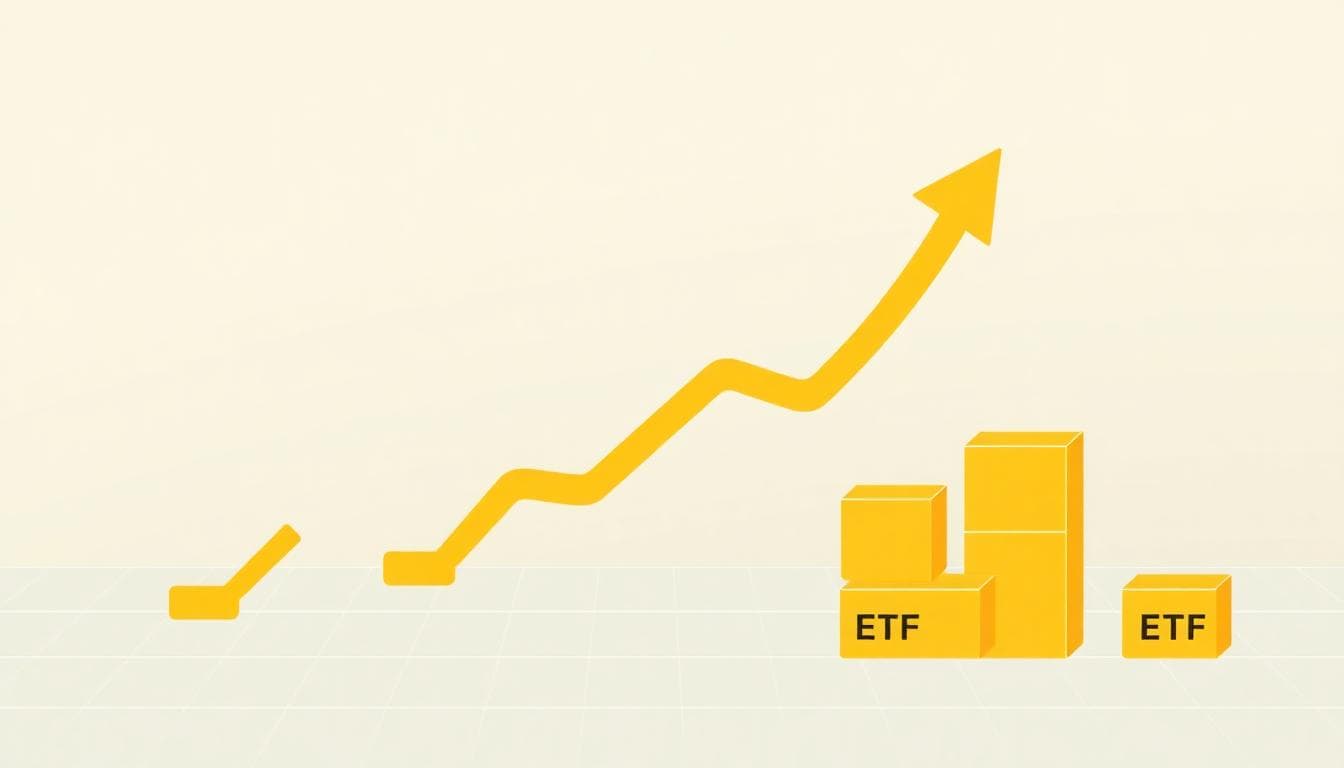 Infographic with gold bars turning into arrows and ETF blocks to represent inflows