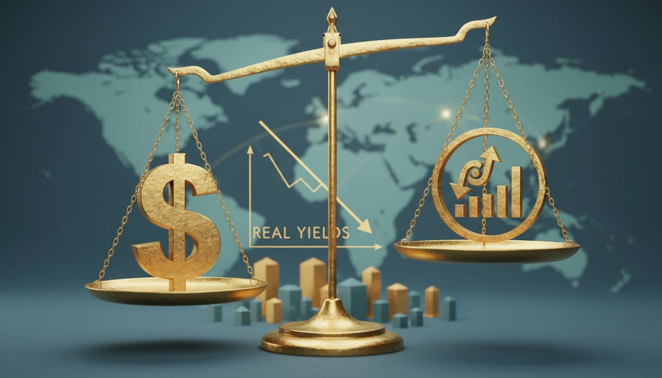 Gold Hits $4,000 an Ounce: What It Means for Investors, Savers, and Traders 2 Macro drivers of gold: scales balancing dollar and inflation, world map, real yield arrow, central banks