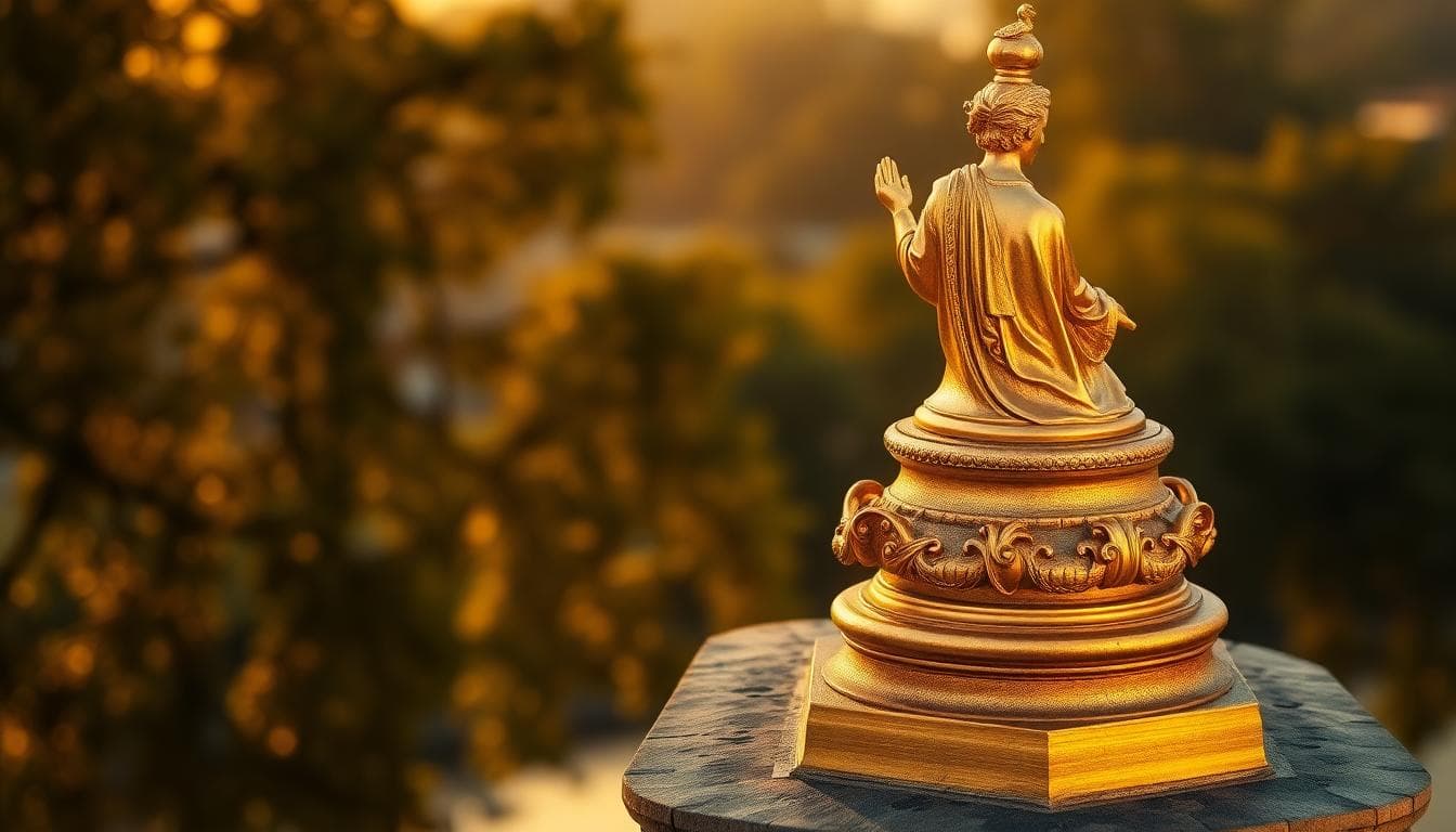 Close-up concept of a gold allegorical figure atop a proposed arch at golden hour